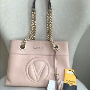Valentino Blush Leather Shoulder Bag with Gold Chain